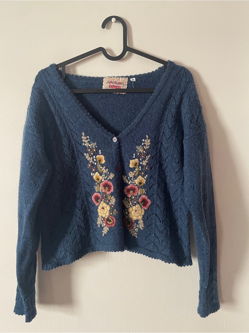 Vintage 90s Express Blue Embroidered V-Neck Sweater Cardigan